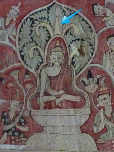 "The Awakened One", Buddhist mural depicting Buddha sitting under the Tree of Life encoded as the Fleur de lis and Tree of Life.